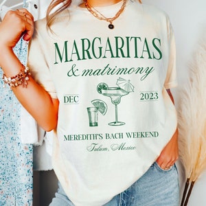 custom location bachelorette shirts, margaritas and matrimony bridal party tshirts, mexico bachelorette, final fiesta beach bachelorette tee