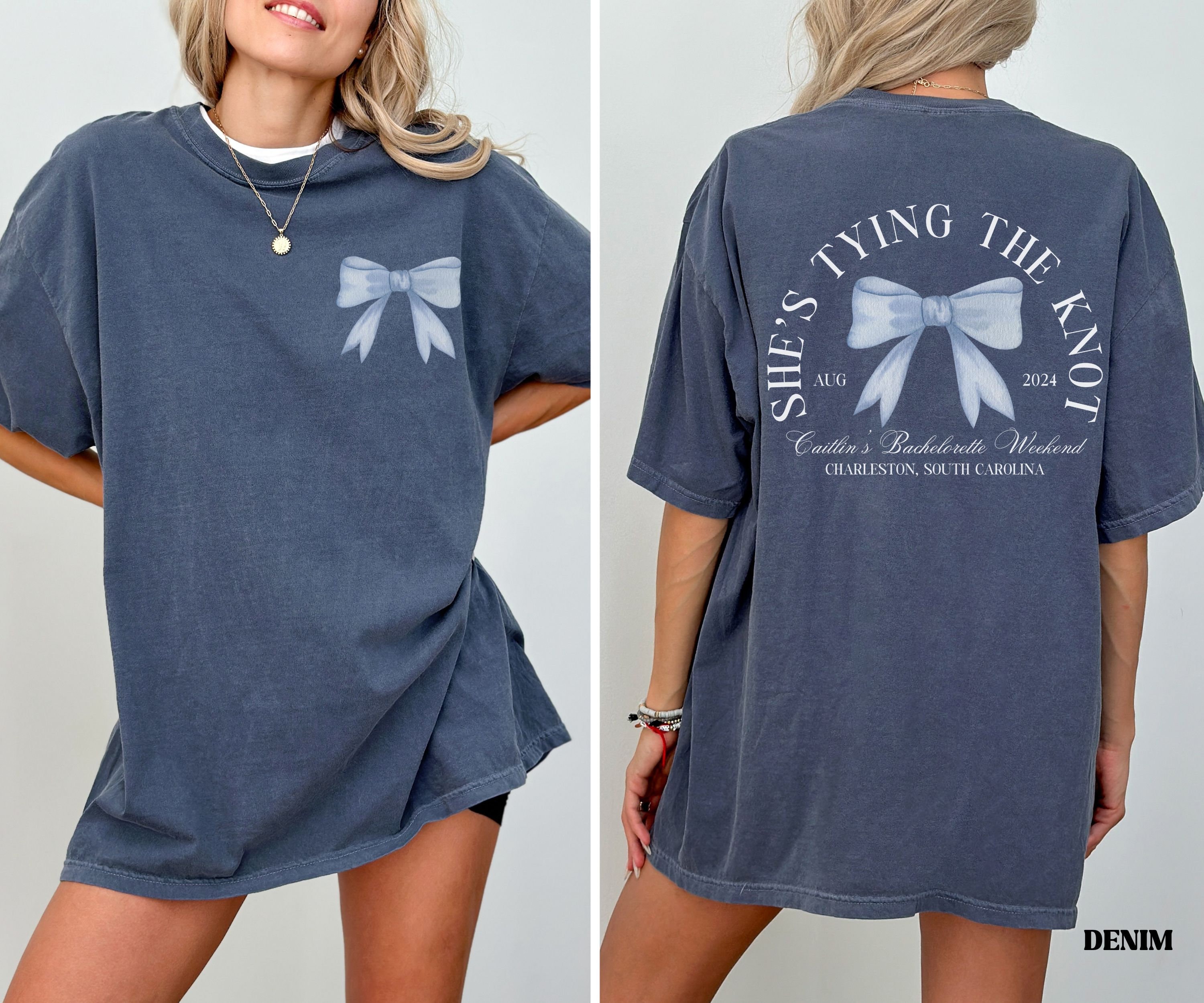 She's tying the knot bachelorette shirts, custom location bachelorette party shirts, bridal party favors, bows and ties luxury bachelorette