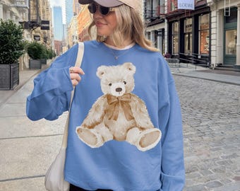 trendy teddy bear sweatshirt, vintage preppy hand drawn bear crewneck pullover