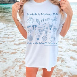 seashells and wedding bells bachelorette party shirts, coastal bachelorette, last toast on coast, custom location beach bach