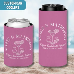 personalized bachelorette can cooler, bachelorette party favors, margs and matrimony, beach bachelorette, custom bachelorette gifts