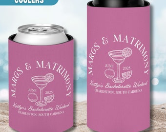 personalized bachelorette can cooler, bachelorette party favors, margs and matrimony, beach bachelorette, custom bachelorette gifts