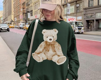 trendy teddy bear sweatshirt, vintage preppy hand drawn bear crewneck pullover
