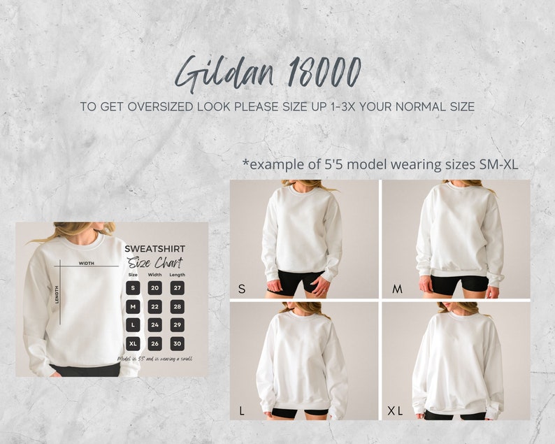 Puede incluir: Una tabla de tallas para sudaderas Gildan 18000, que muestra las medidas de ancho y largo para las tallas S, M, L y XL. La tabla tambi&eacute;n incluye una nota que indica que la modelo mide 1,65 m y lleva una talla S.