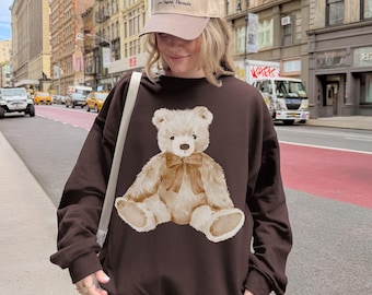 trendy teddy bear sweatshirt, vintage preppy hand drawn bear crewneck pullover
