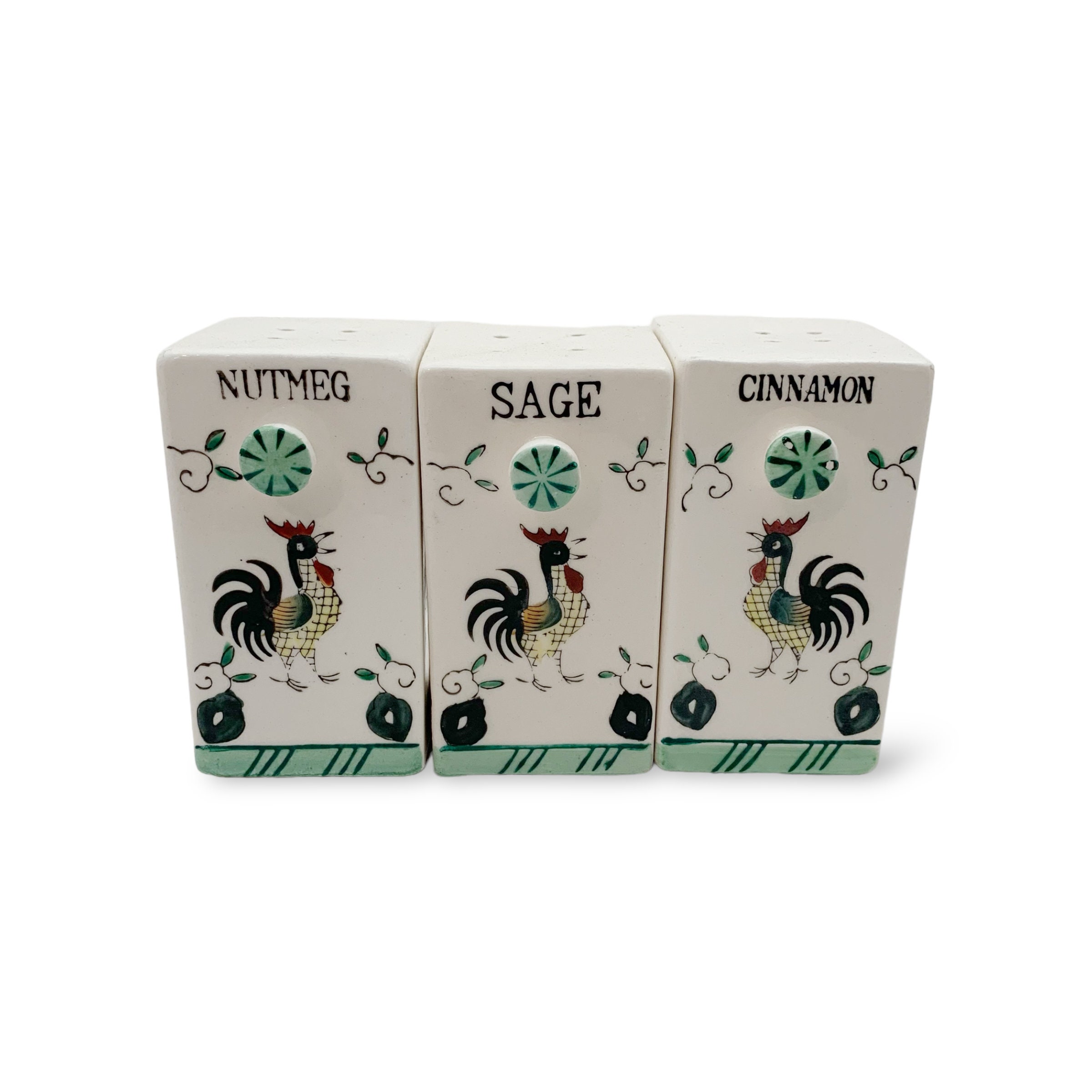 Vintage MCM Ceramic Rooster Spice Shaker Nutmeg Sage Cinnamon