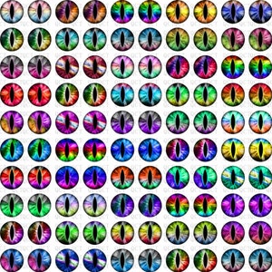May include: A set of 64 colorful cat eye stickers with a variety of colors and patterns. The stickers are round and have a black pupil in the center.