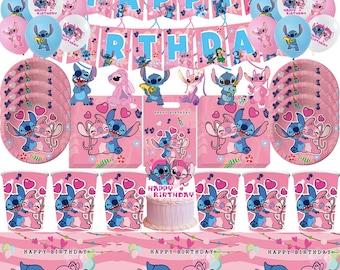 Pink Lilo & Stitch Vaisselle jetable Anniversaire Fête Décoration En papier Tasses Assiettes Ballons Baby Shower Vaisselle pour enfants Fournitures de fête