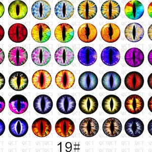 以下が含まれることがあります： カラフルでスタイリッシュな猫の目のデジタル画像19枚セット。目は青、緑、紫、赤、黄、オレンジなど様々な色合いです。目はすべて黒目の瞳孔と白目の強膜を持つ同様のスタイルです。