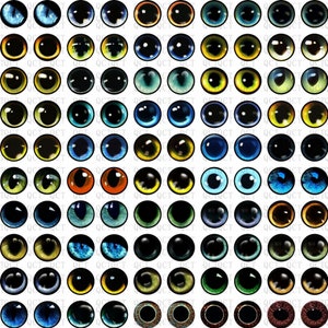Puede incluir: Una colección de 81 ojos de animales coloridos, cada uno con un diseño y una combinación de colores únicos. Los ojos son redondos y tienen una pupila negra en el centro. Los colores incluyen azul, verde, amarillo, naranja y marrón.
