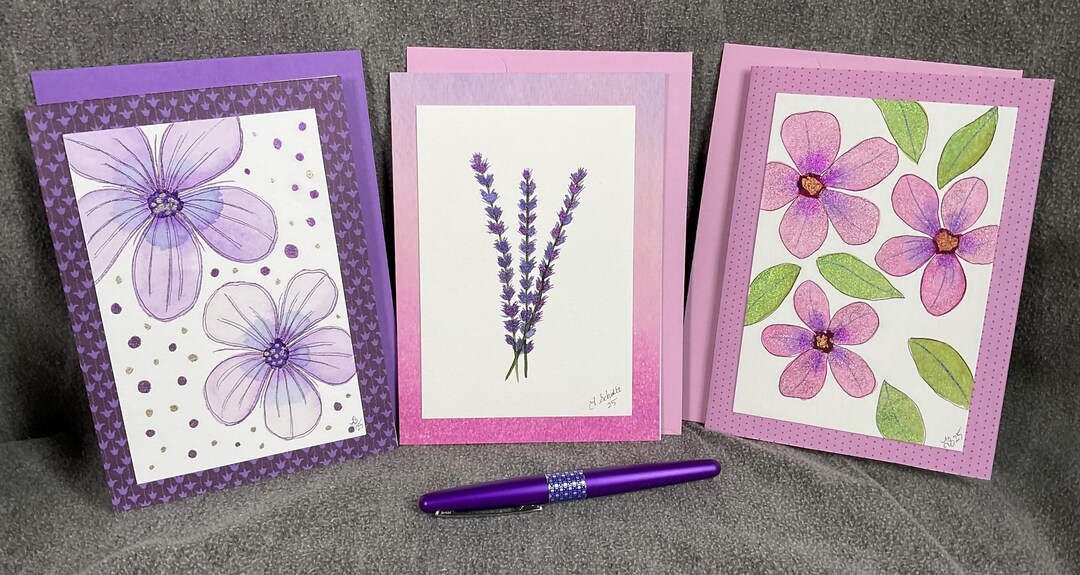 Set of 3 Hand Painted Watercolor Greeting Cards Purple and Pink Flowers ...