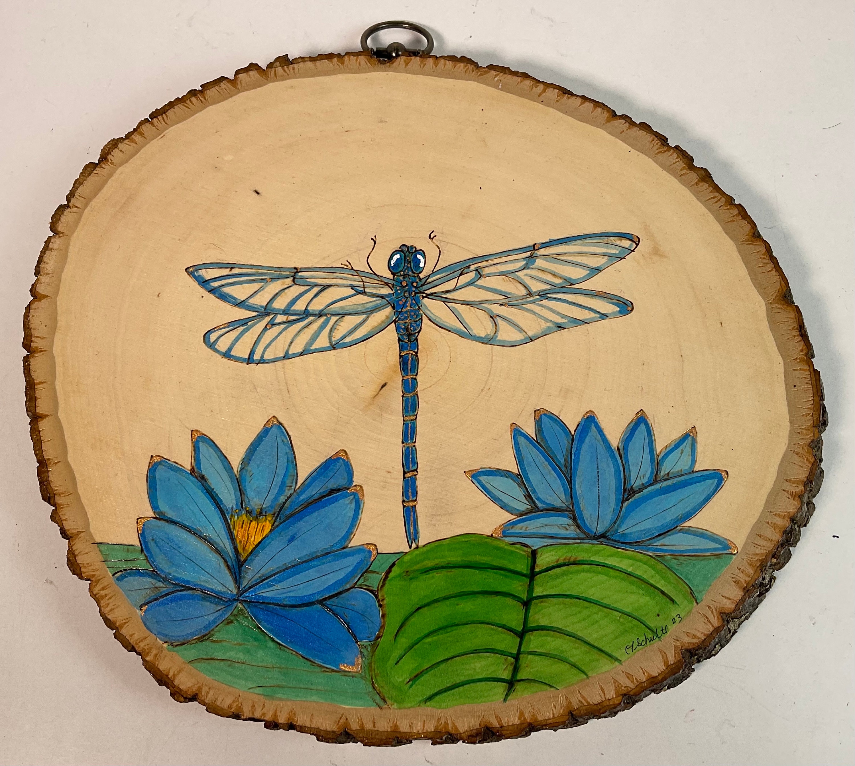 Rustic Duck Pond Pyrography Wall Art with Pewter Dragon Fly