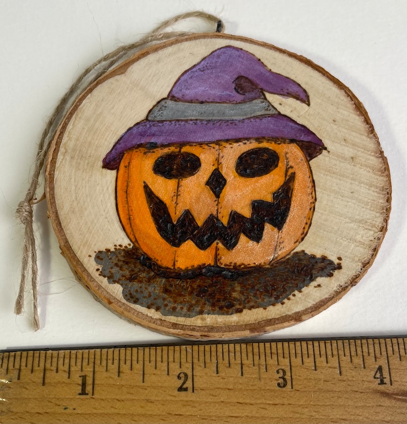 Wood Burned and Hand Painted Wood Slice Pumpkin With Witches Hat - Etsy