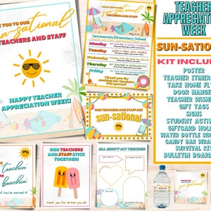 Editable Sun-Sational Teacher Appreciation Week Printable Bundle | Flyers, Poster, Gift Tags, & Templates | Schedule of Events Flyer