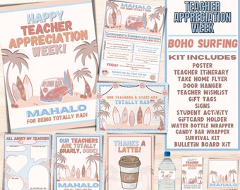 Mahalo Boho Surfing Teacher Appreciation Week Printable Editable Bundle | Flyers, Poster, Signs, Gift Tags, & Templates | INSTANT DOWNLOAD