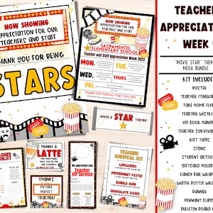 Movie Star Theme Teacher Appreciation Week Printable Editable Bundle | Flyers, Poster, Signs, Gift Tags, & Templates | INSTANT DOWNLOAD