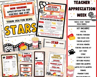 Movie Star Theme Teacher Appreciation Week Printable Editable Bundle | Flyers, Poster, Signs, Gift Tags, & Templates | INSTANT DOWNLOAD
