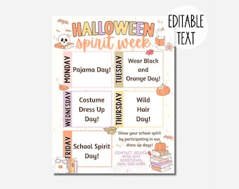 Cute Halloween School Spirit Week Schedule Fall Flyer Fundraiser for PTO/PTA | Editable & Printable Template for School Event | Fall Spirit