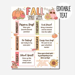 Cute Fall Spirit Week Editable Itinerary Schedule | Printable DIY Spirit Week | School PTO/ PTA Week Event Planner Flyer Instant Download