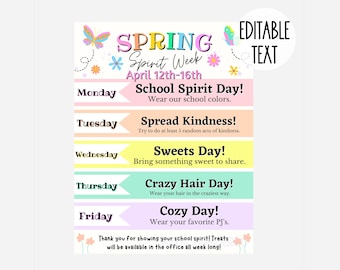 Spring Spirit Week Editable Itinerary Schedule | Printable DIY Spirit Week | School PTO/ PTA March Planner Flyer Instant Download