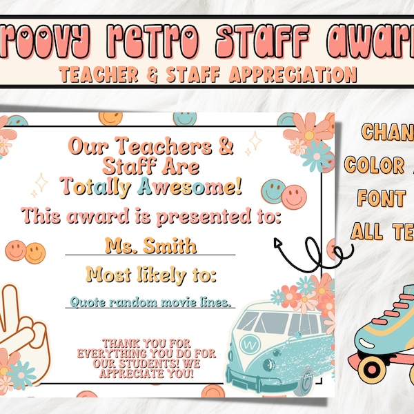 Groovy Retro Teacher Appreciation Editable Staff Award | Printable DIY Retro | School PTO/ PTA Teacher Award Instant Download