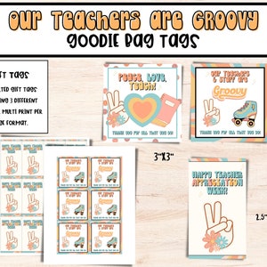 May include: A set of printable groovy teacher appreciation gift tags. The tags feature peace signs, flowers, and the text 'Peace, Love, Teach!' and 'Our Teachers & Staff are Groovy.' The tags are designed to be printed on 3x3 inch paper. The tags are perfect for teachers and staff appreciation week. The tags are also available in a smaller size, 2.5x3 inches, with the text 'Happy Teacher Appreciation Week!'.