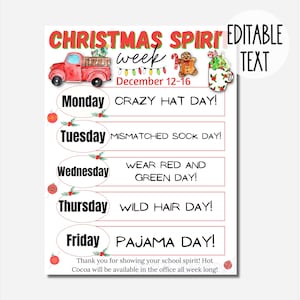 Christmas Spirit Week Editable Itinerary Schedule | Printable DIY Spirit Week | School PTO/ PTA Christmas Planner Flyer Instant Download