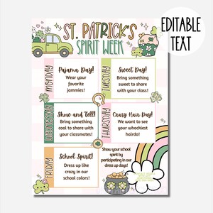Cute St. Patrick&#39;s Spirit Week Editable Itinerary Schedule | Printable DIY Spirit Week | School PTO/PTA March Planner Flyer Instant Download