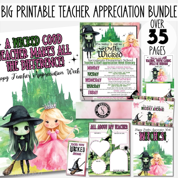 Witch Theme Teacher Appreciation Week Kit | Teacher Appreciation Week Itinerary | Pink and Green Witch Theme Teachers Event Editable Flyers