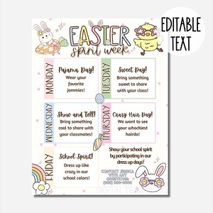 Cute Easter Spirit Week Editable Itinerary Schedule | Printable DIY Spirit Week | School PTO/ PTA March Planner Flyer Instant Download