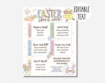 Cute Easter Spirit Week Editable Itinerary Schedule | Printable DIY Spirit Week | School PTO/ PTA March Planner Flyer Instant Download