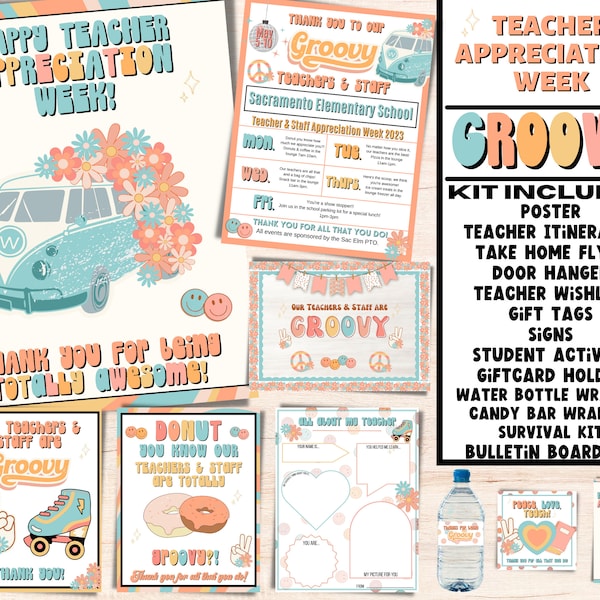 Groovy Teachers Appreciation Week Kit | Teacher Appreciation Week Itinerary | Retro Teachers Theme | DIY Schedule of Events Editable Flyer