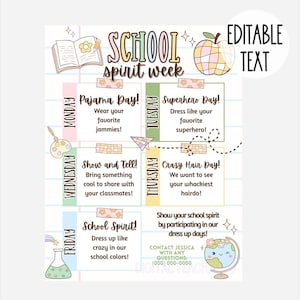 Cute School Spirit Week Editable Itinerary Schedule | Printable DIY Spirit Week | School PTO/ PTA Week Event Planner Flyer Instant Download