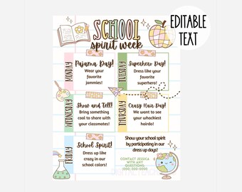Lindo itinerario editable para la Semana del espíritu escolar / Folleto imprimible para la Semana del espíritu escolar / Planificador de eventos de la PTO/PTA de la escuela Descarga instantánea