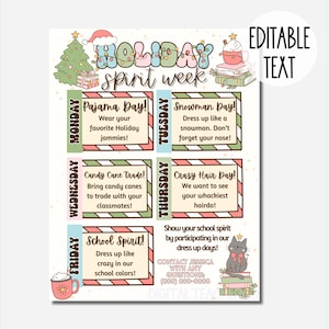 Cute Holiday School Spirit Week Editable Itinerary Schedule | Printable DIY Spirit Week Planner | School PTO/PTA Christmas Planner Flyer