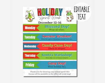 Holiday Spirit Week Editable Itinerary Schedule | Printable DIY Spirit Week | School PTO/ PTA Christmas Planner Flyer Instant Download