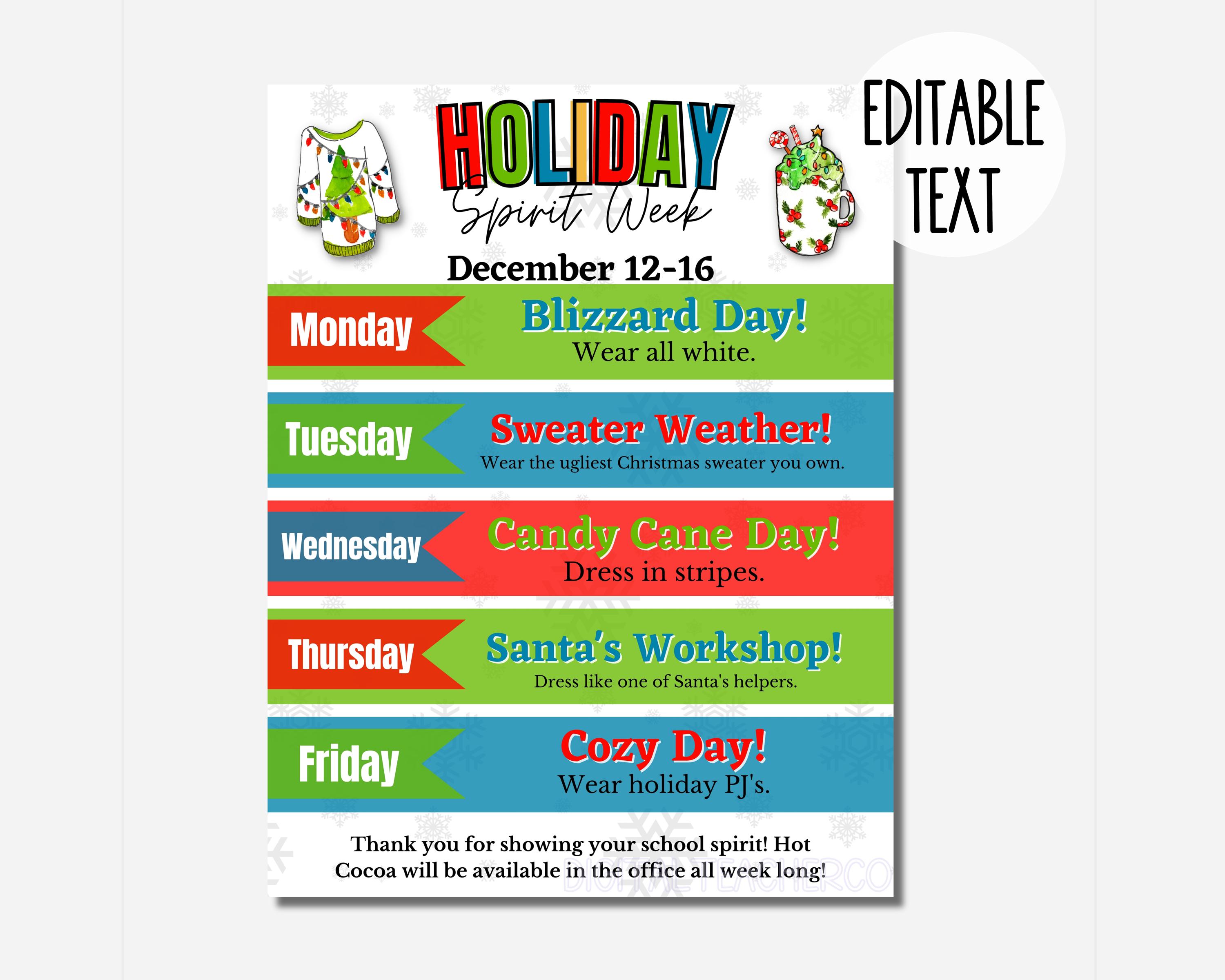 Holiday Spirit Week Editable Itinerary Schedule | Printable DIY Spirit Week  | School PTO/ PTA Christmas Planner Flyer Instant Download - Etsy