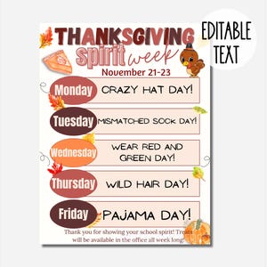 Thanksgiving School Spirit Week Schedule Fall Flyer Fundraiser for PTO/PTA | Editable & Printable Template for School Event | Spirit Week