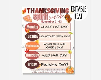 Thanksgiving School Spirit Week Schedule Fall Flyer Fundraiser for PTO/PTA | Editable & Printable Template for School Event | Spirit Week