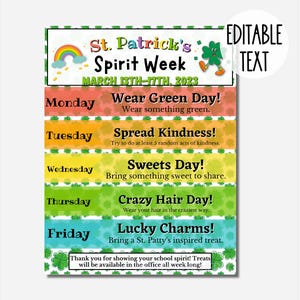 St. Patrick&#39;s Spirit Week Editable Itinerary Schedule | Printable DIY Spirit Week | School PTO/ PTA March Planner Flyer Instant Download