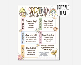 Cute Spring Spirit Week Editable Itinerary Schedule | Printable DIY Spirit Week | School PTO/ PTA March Planner Flyer Instant Download