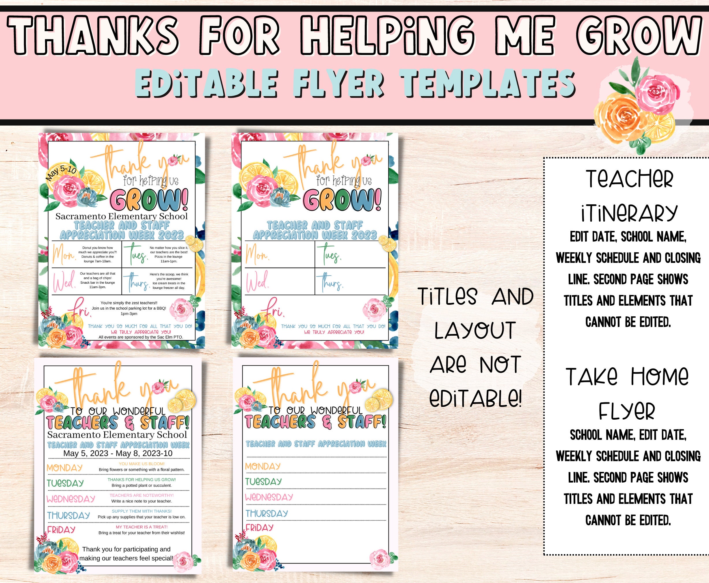 Teacher Appreciation Week Printable Editable Floral Grow Bloom Bundle ...