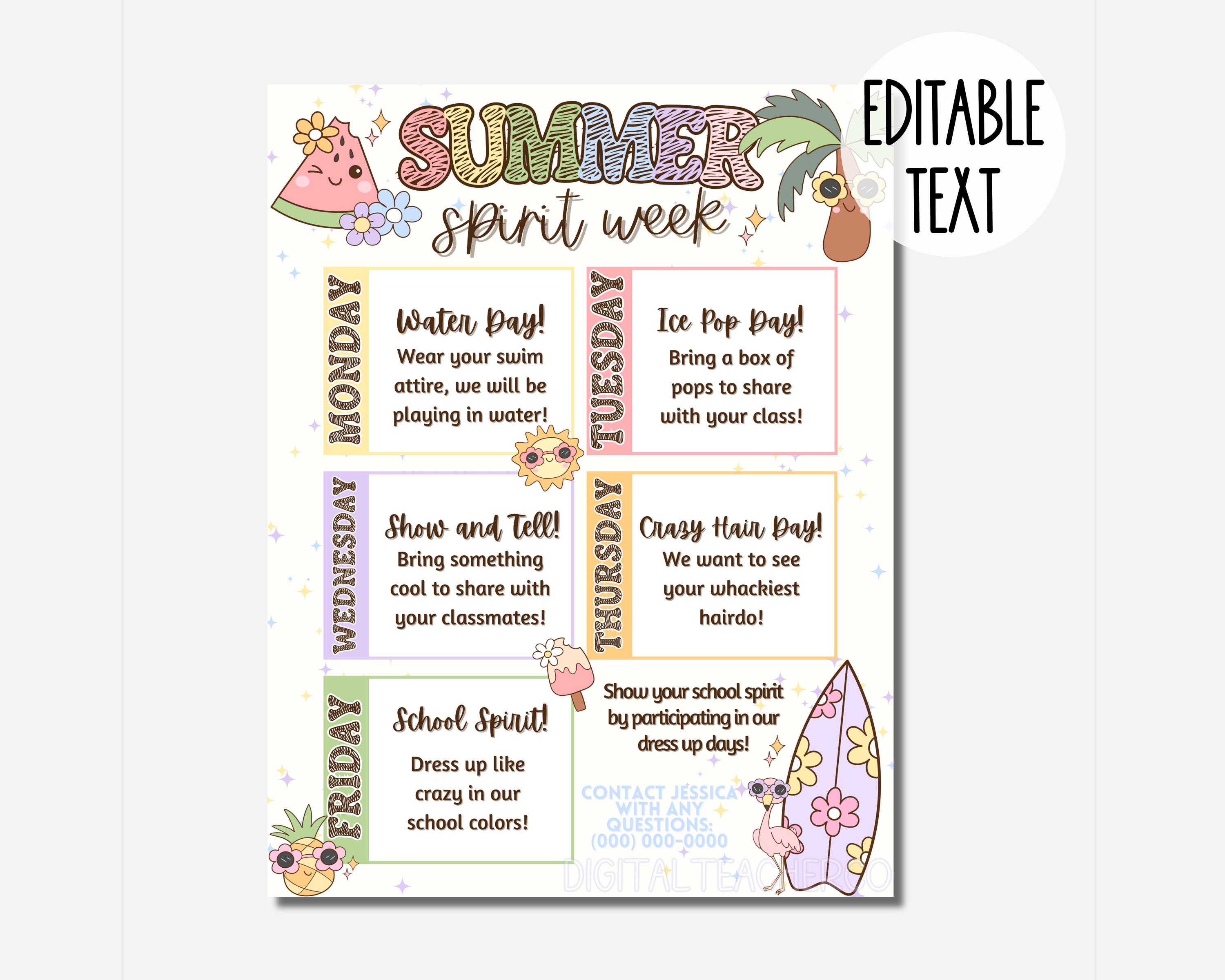 Cute Summer Spirit Week Editable Itinerary Schedule | Printable DIY Spirit Week | School PTO/ PTA June Planner Flyer Instant Download