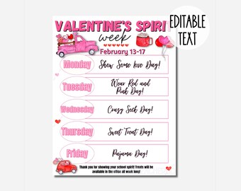 Valentine&#39;s Spirit Week Editable Itinerary Schedule | Printable DIY Spirit Week | School PTO/ PTA Valentine&#39;s Planner Flyer Instant Download