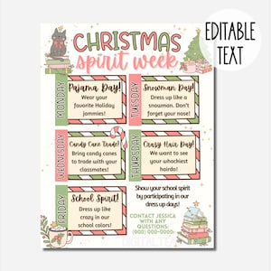 Cute Christmas School Spirit Week Editable Itinerary Schedule | Printable DIY Spirit Week Planner | School PTO/PTA Christmas Planner Flyer