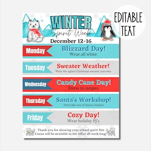 Winter Spirit Week Editable Itinerary Schedule | Printable DIY Spirit Week | School PTO/ PTA Christmas Planner Flyer Instant Download