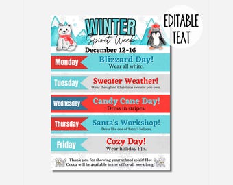 Winter Spirit Week Editable Itinerary Schedule | Printable DIY Spirit Week | School PTO/ PTA Christmas Planner Flyer Instant Download