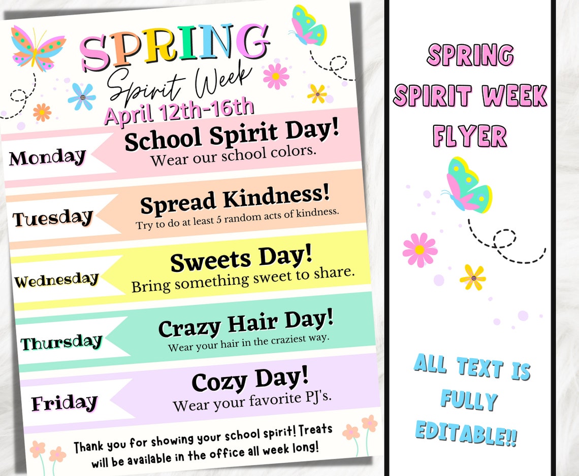 Spring Spirit Week Editable Itinerary Schedule | Printable DIY Spirit ...