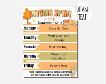 Autumn School Spirit Week Schedule Fall Flyer Fundraiser for PTO/PTA | Editable & Printable Template for School Event | Fall Spirit Week