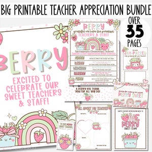 Puede incluir: Un paquete de agradecimiento para profesores imprimible con más de 35 páginas de diseños con temática de bayas. Los diseños incluyen un cartel de bienvenida, un itinerario de la semana de agradecimiento a los profesores, una tarjeta de agradecimiento y una página de "todo sobre mi profesor". Los diseños son en rosa, verde y blanco con un lindo diseño de fresa de dibujos animados.